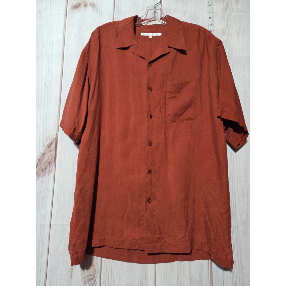 Perry Ellis Mens Medium Rust Orange 100% Silk Short Sleeve Camp Shirt Pocket